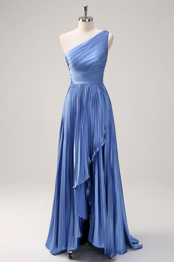 Blå A Line En Skulder Plisseret Lang Brudepigekjole med Flæseslids